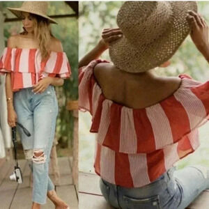 Faithfull the Brand Picnic Stripe Salerno Ruffle Off Shoulder Top